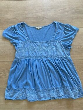 Lucky Brand Light Blue Embroidered Scoop Neck Top